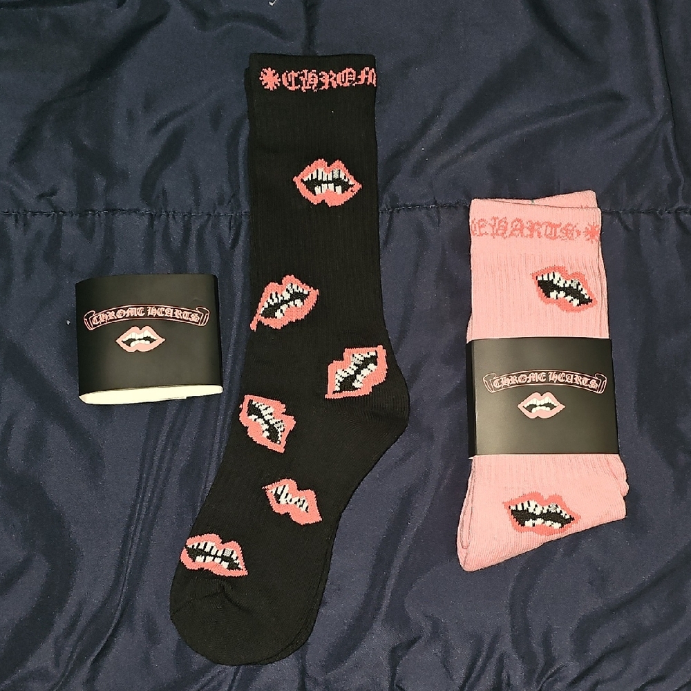 Chrome Hearts Black and Pink Lip Design Socks